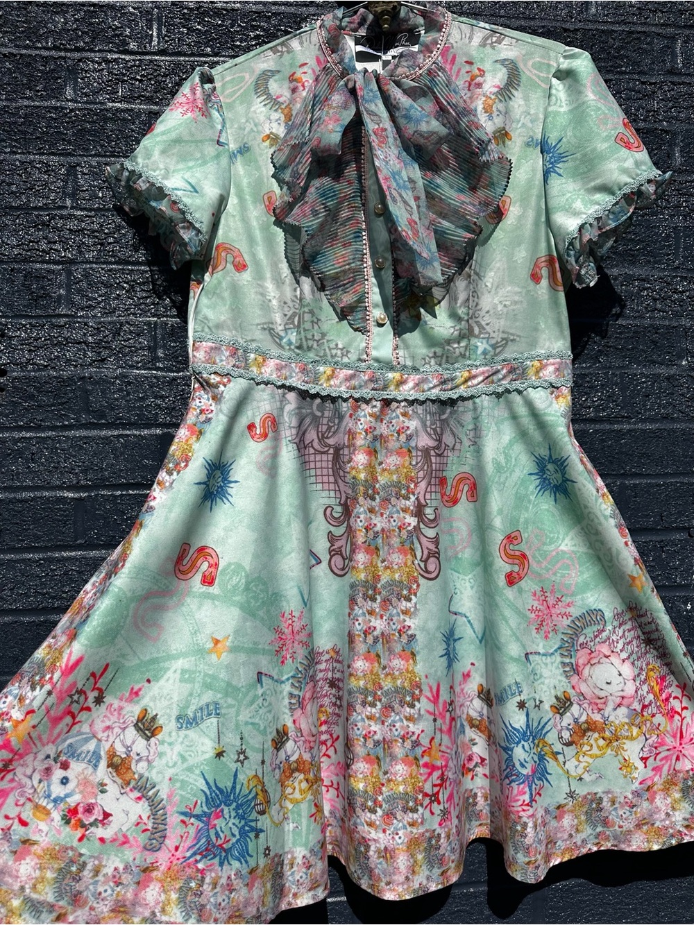 XL DALIA MACPHEE Printed A Line Dress Green Jade Pleated Frill Bow Neck D725